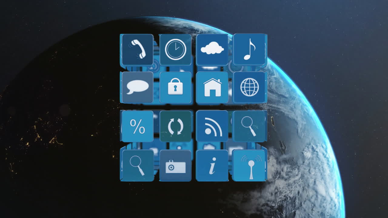 Rotating Earth in space, app icons animation floating around planet