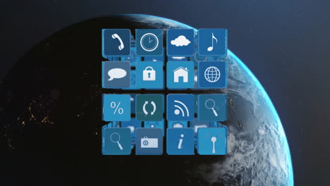 rotating earth in space, app icons animation floating around planet