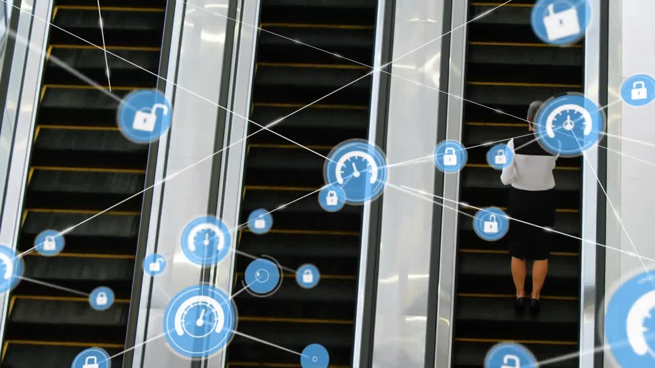Network of digital icons against businesswoman talking on smartphone on escalator at office