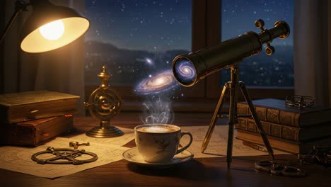 a mystical evening of astronomy: discovering galaxies and wonders through a telescope while sipping coffee under a starry sky
