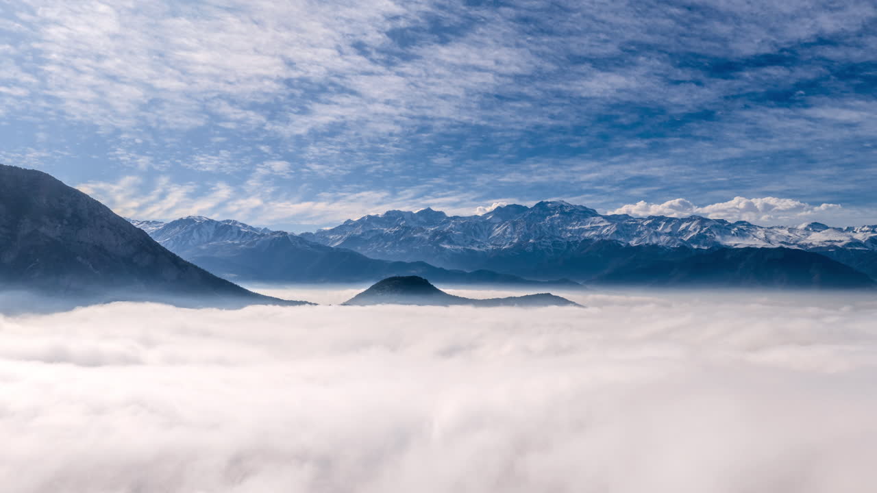 Dynamic hyperlapse showing fast moving clouds above snowy Andes mountains around Santiago de Chile