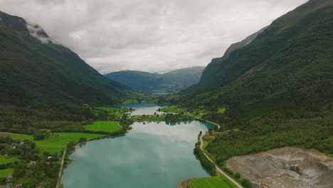 scenic panoramic aerial view down valley of oldevatnet lake, stryn, norway