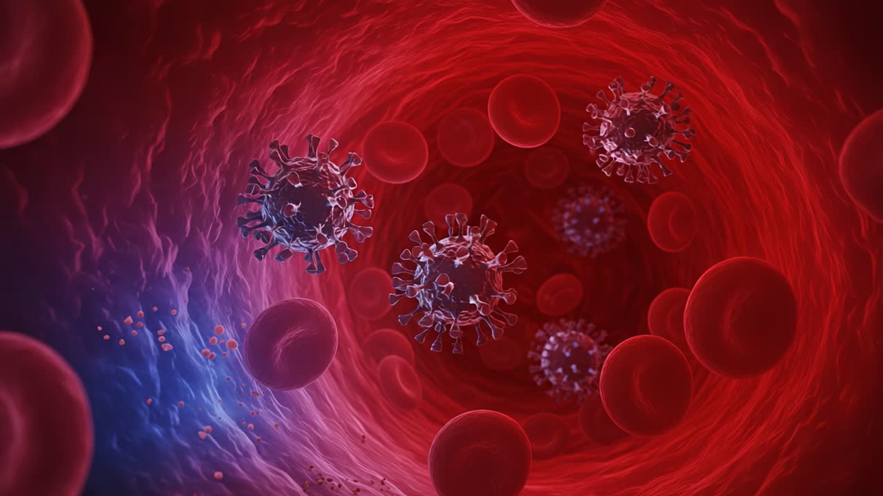 Intricate Visualization of Viral Particles Interacting with Red Blood Cells Under a Microscope, Showcasing the Impact of Pathogens in Human Circulation
