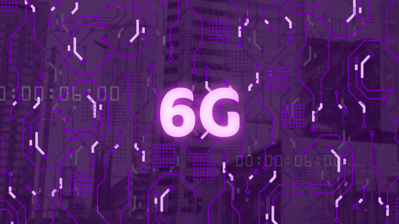animación de texto 6g, paisaje urbano y conexiones