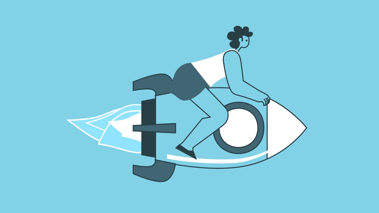 Flying a Rocket Forward. Success and Leadership Concepts. Flat Design Woman Cartoon Character Isolated Loop 2d Animation