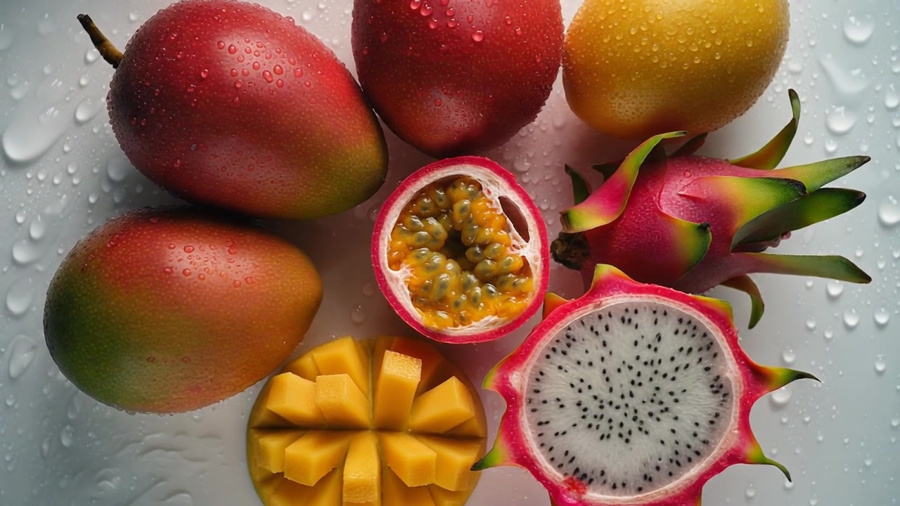 Frutta tropicale fresca assortita inclusi mango, frutto del drago e frutto della passione