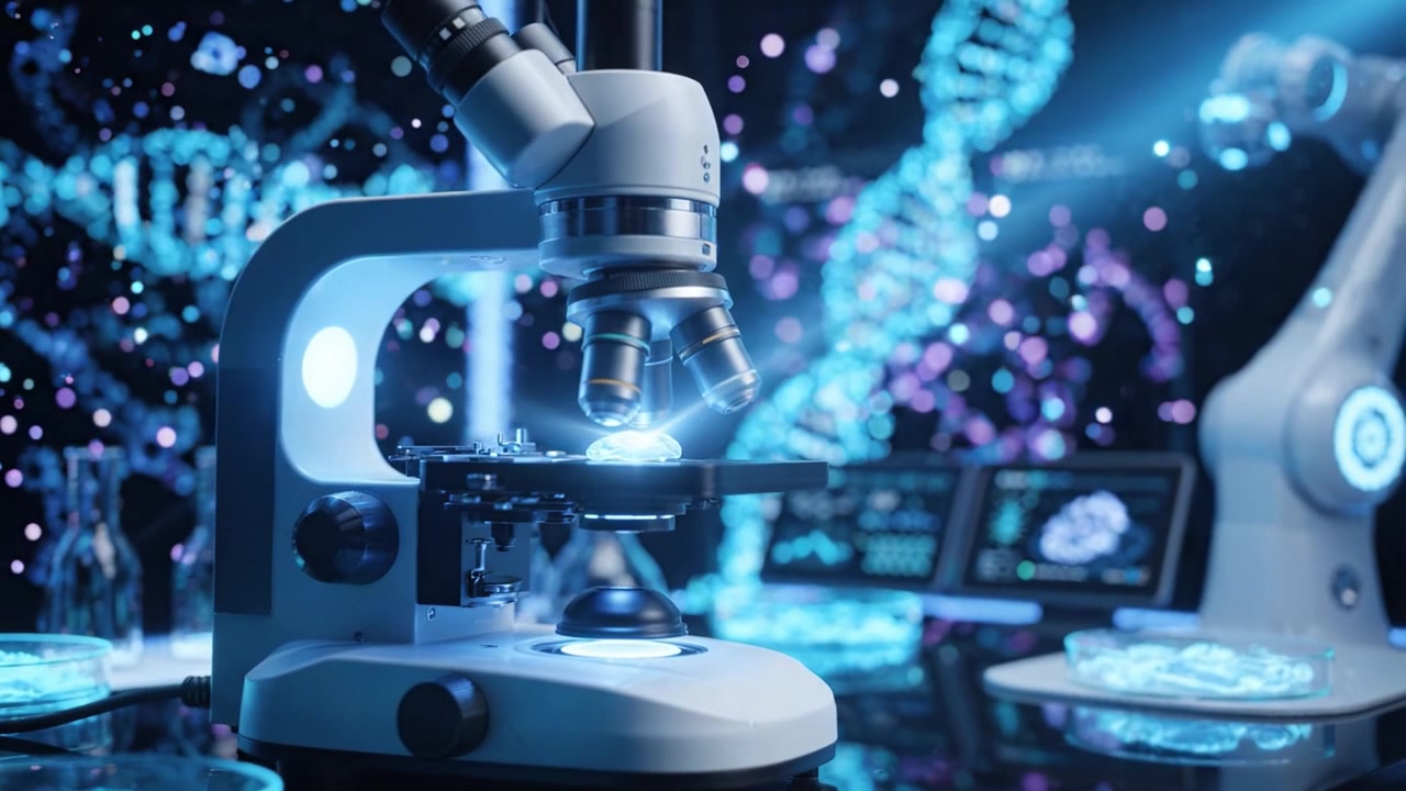 Exploring Genetic Engineering: A High-Tech Laboratory Featuring a Modern Microscope, DNA Structures, and Advanced Robotic Systems Amidst a Digital Aesthetic