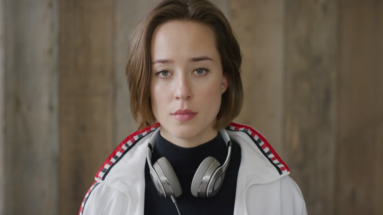 портрет независимой молодой женщины с серьезным внешним видом привлекательная кавказская студентка в стильной моде деревянный фон