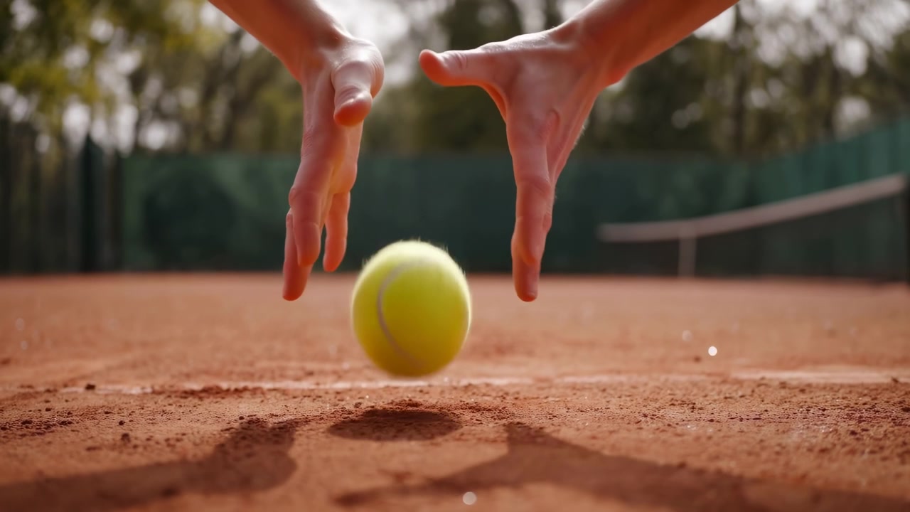 Close-up low-angle sports scene showing two hands releasing bright yellow tennis ball above red clay baseline, fingertips curved, sharp shadow on textured surface, emphasizing motion, anticipation
