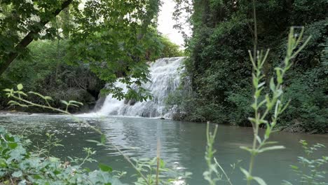 Closeup-of-stream-pool-with-cascade-waterfall-behind