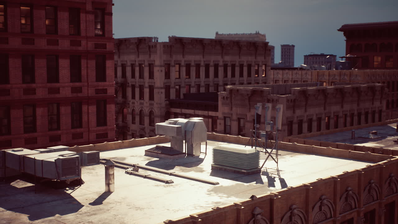 View from a rooftop in an urban area during golden hour in the city