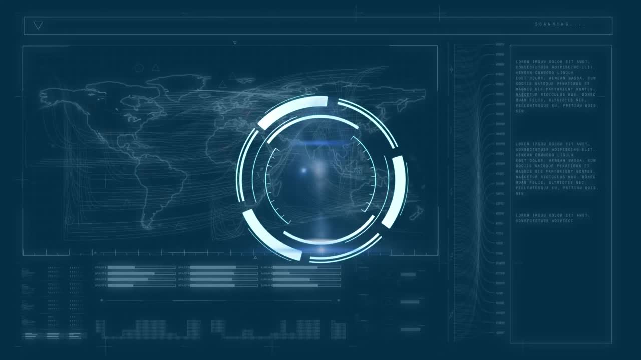 Animation of scope scanning, data and statistics processing over world map on screen