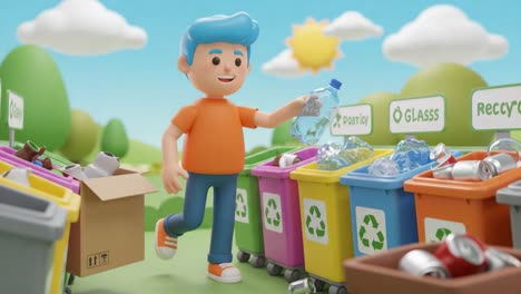 a colorful animated scene of a child engaging in recycling activities: properly sorting waste materials into designated bins representing paper, glass, and plastic for environmental sustainability