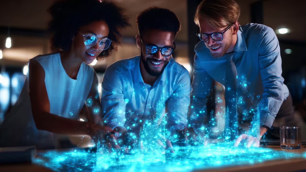 Three Colleagues Engaged in Innovative Collaboration Over a Futuristic Holographic Interface, Analyzing Data Insights with Enthusiasm and Expertise in a Modern Workspace