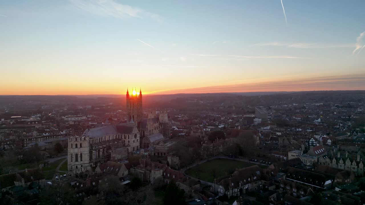 Canterbury Cathedral drone footage with a stunning sun set behind it