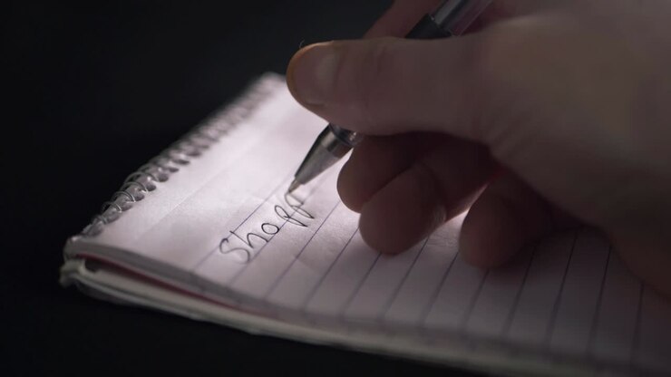 Hand writing shopping list on notepad close up shot