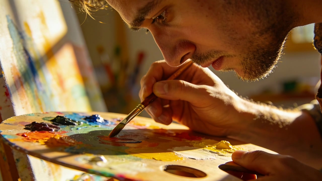 Leaning over palette artist with plaid sleeve mixing colors at easel loading brush for canvas