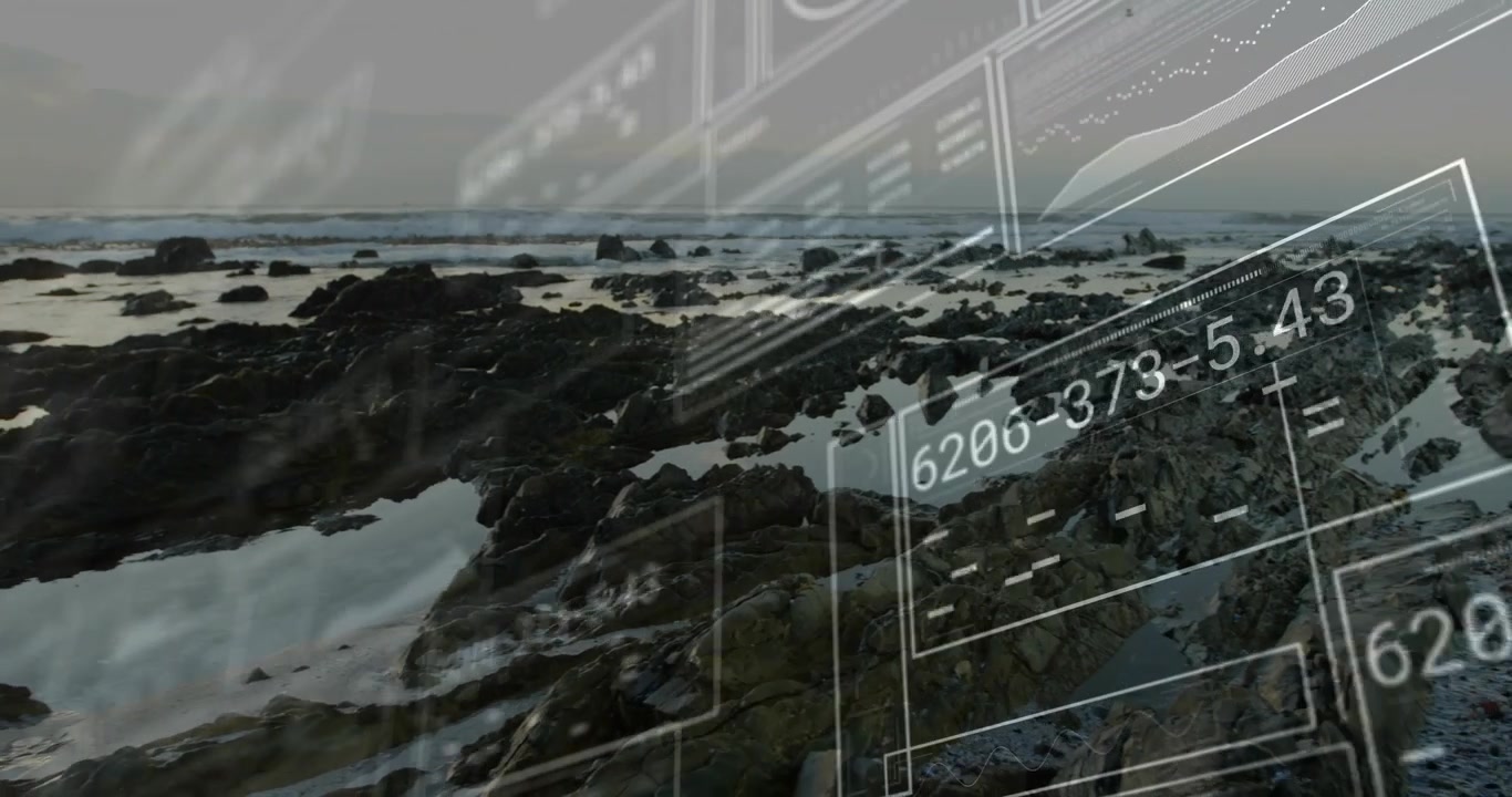 Vertical video: UI sliding over rocky pools cam panning driving data charts for coastal monitoring