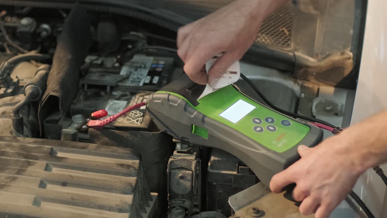 자동차 서비스 직원이 자동차 배터리의 전압을 확인합니다. 자동차 서비스 스테이션에서 일하는 서비스 엔지니어