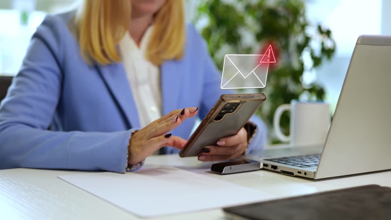 Business Woman working with smartphone and laptop in modern office receiving email with malware virus, Phishing and cyber security concept