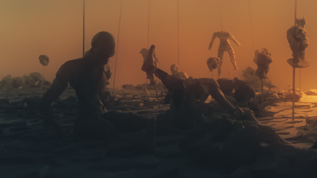 Destroyed andorids on a junkyard in yellow light