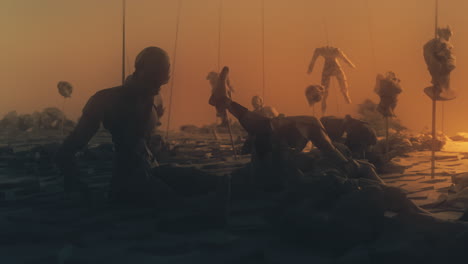 destroyed andorids on a junkyard in yellow light