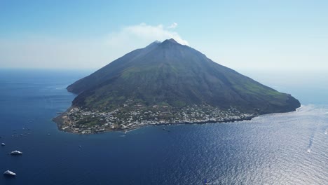 Stromboli-Volcano-Island-Active-Smokes-at-Aeolian-Islands,-Italy---Aerial-4k