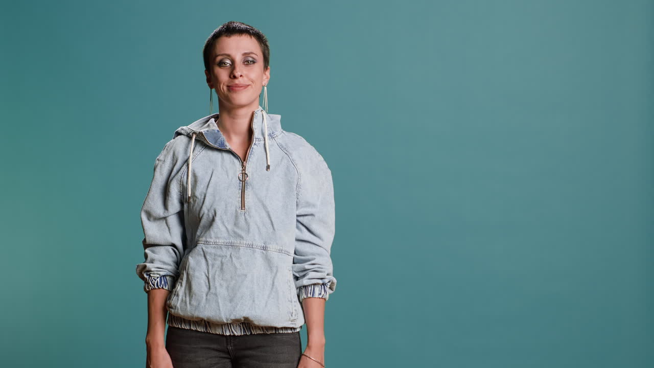 Portrait of a Smiling Woman in Denim Jacket