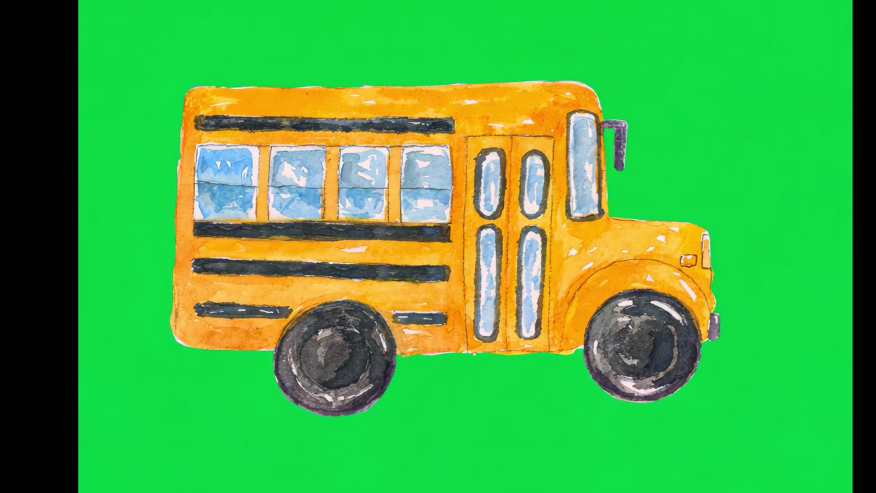 Scuolabus animato ad acquerello su sfondo a schermo verde