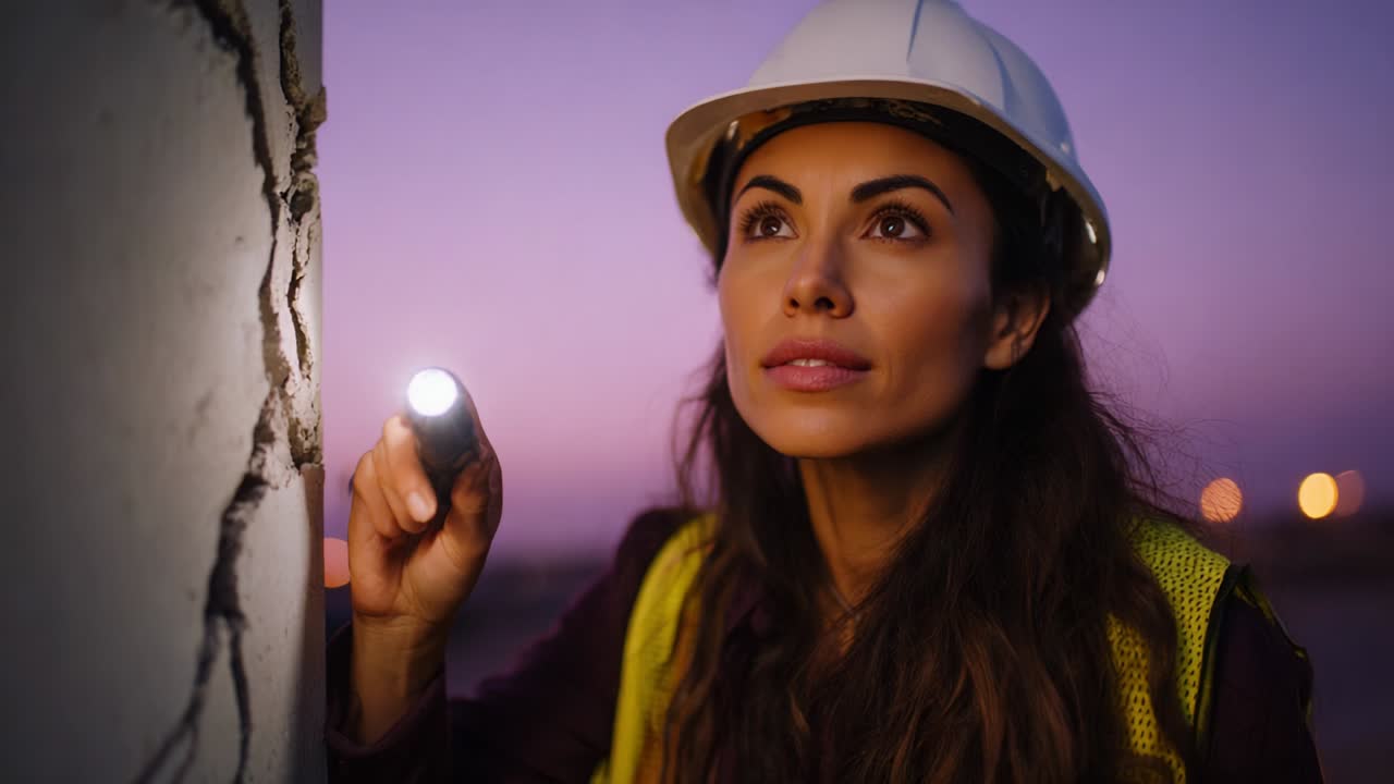 A Specialized Inspector Examining Structural Cracks at Dusk Using a Bright Flashlight, Conscientiously Assessing Safety Risks and Conditions Under a Beautiful Twilight Sky, with a Focused Expression and Professional Attire