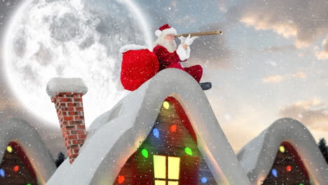 santa clause on a roof in winter scenery combined with falling snow