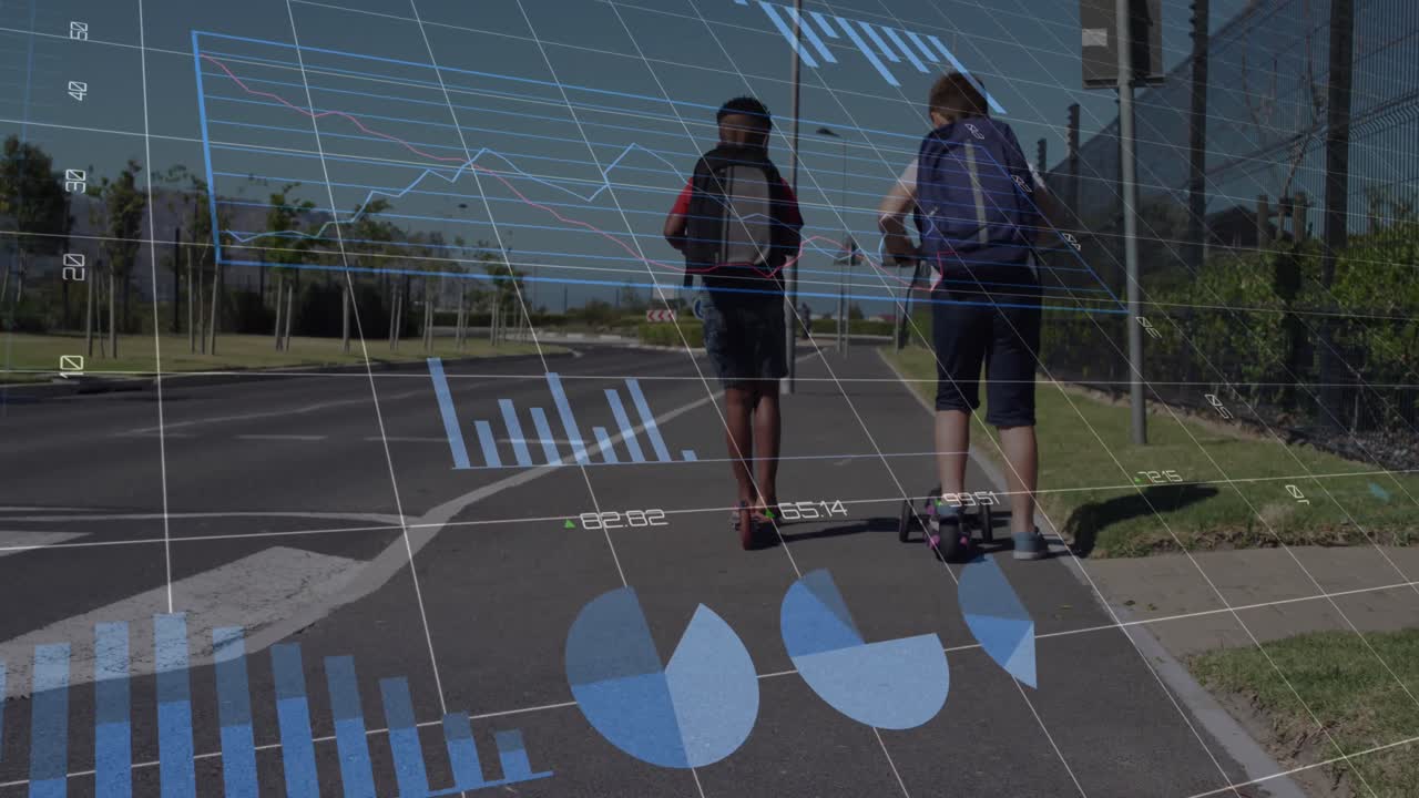 스쿠터를 타는 다양한 학교 소년들의 금융 데이터 처리의 애니메이션