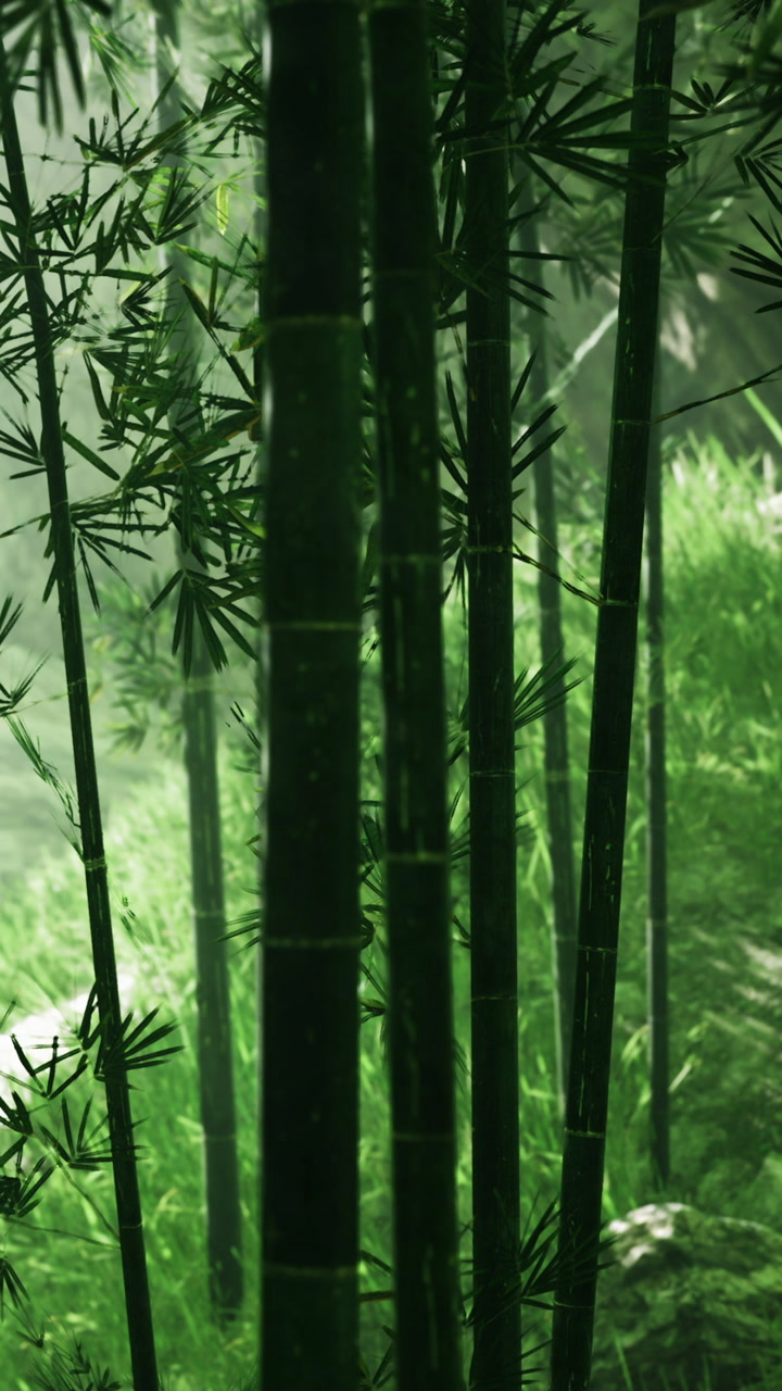 Bamboo forest with green grass and mist during the early morning hours