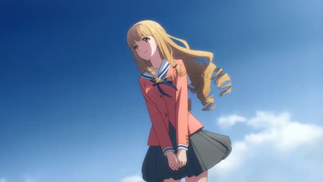 anime girl in school uniform under a blue sky