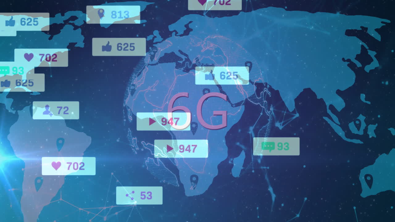 animación de texto 6g sobre notificaciones de redes sociales en el mapa del mundo