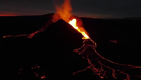 aerial view of a volcano erupting at night