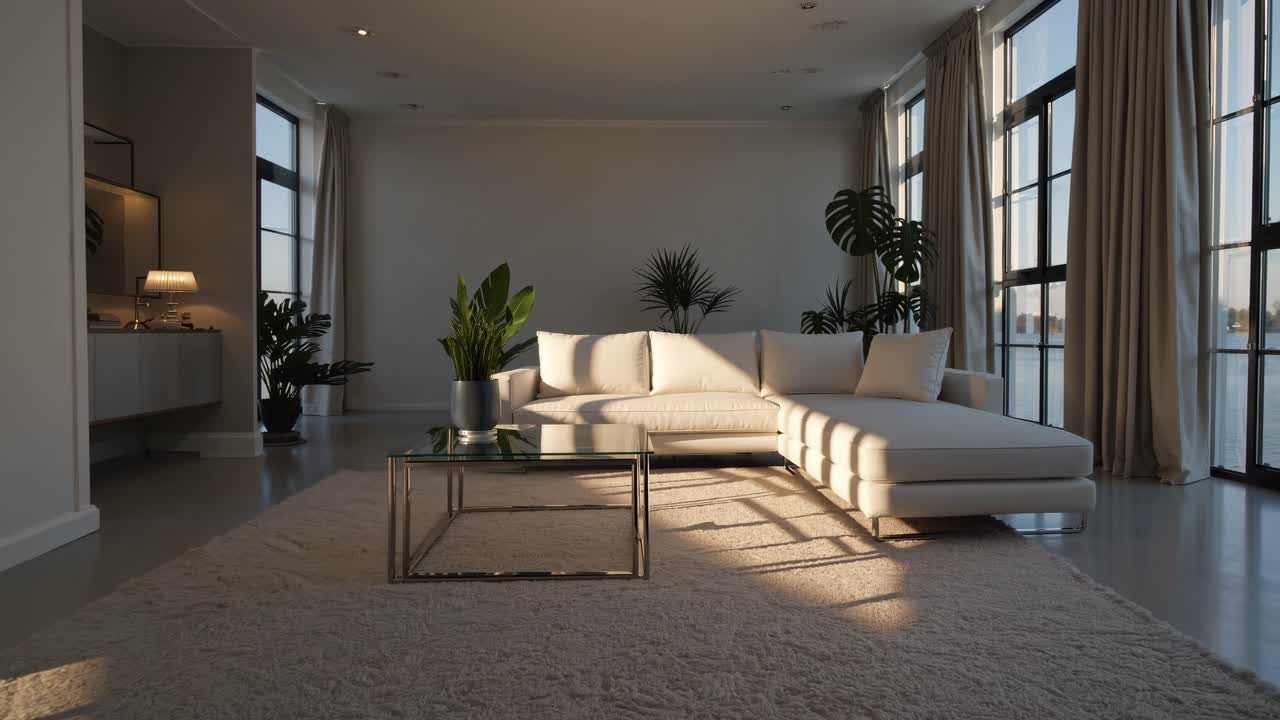 Modern living room with large windows, white sofa, and plants. Captured at eye level, the video