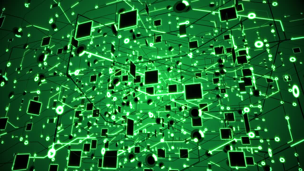 거대한 녹색 회로 그리드 구조 회전 루프