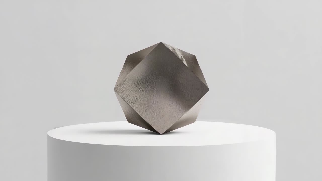 Sólido de metal giratorio que muestra caras texturizadas y desgaste en los bordes sobre un pedestal de estudio, con movimiento de travelling de la cámara