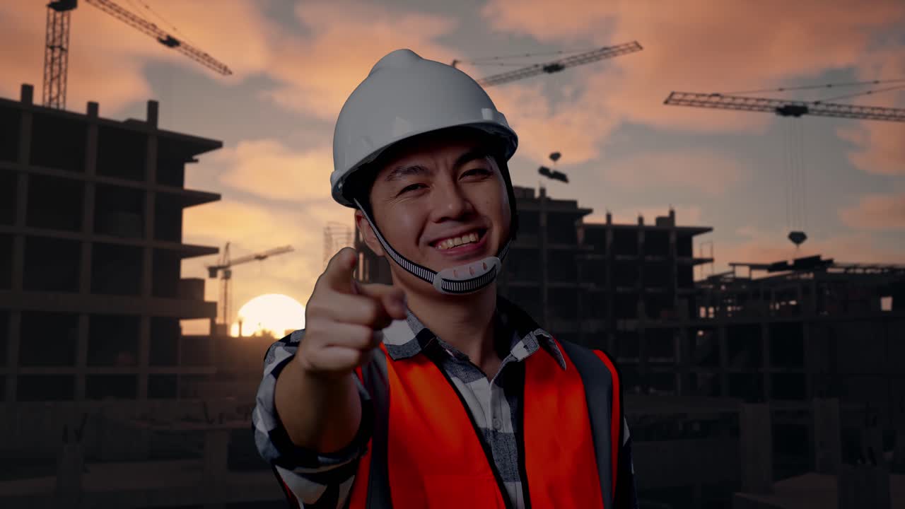 Close Up Of Asian Male Engineer With Safety Helmet Smiling And Touching His Chest Then Pointing At You While Standing At Building & Construction Site in Progress to New House