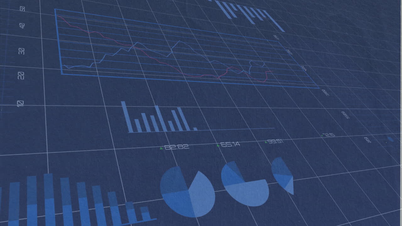 Displaying financial data analysis, digital graphs and charts on blue background