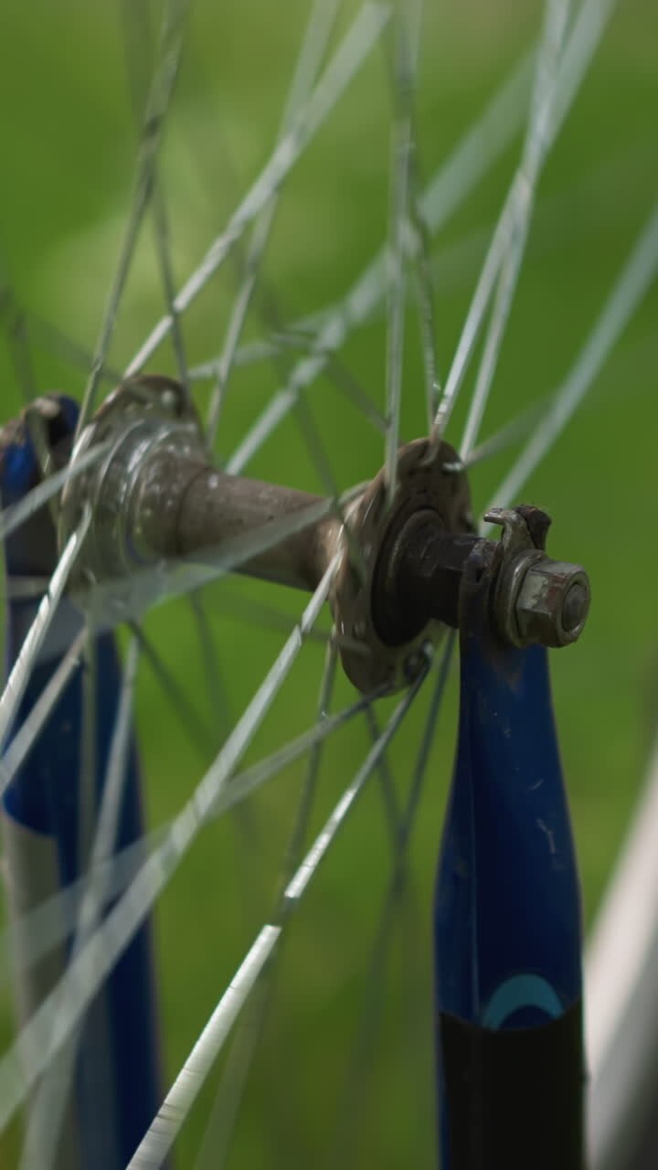 Close-up of bicycle placed upside down, focusing on the wheel's hub and spokes as the wheel rotates, the background, filled with greenery, is softly blurred