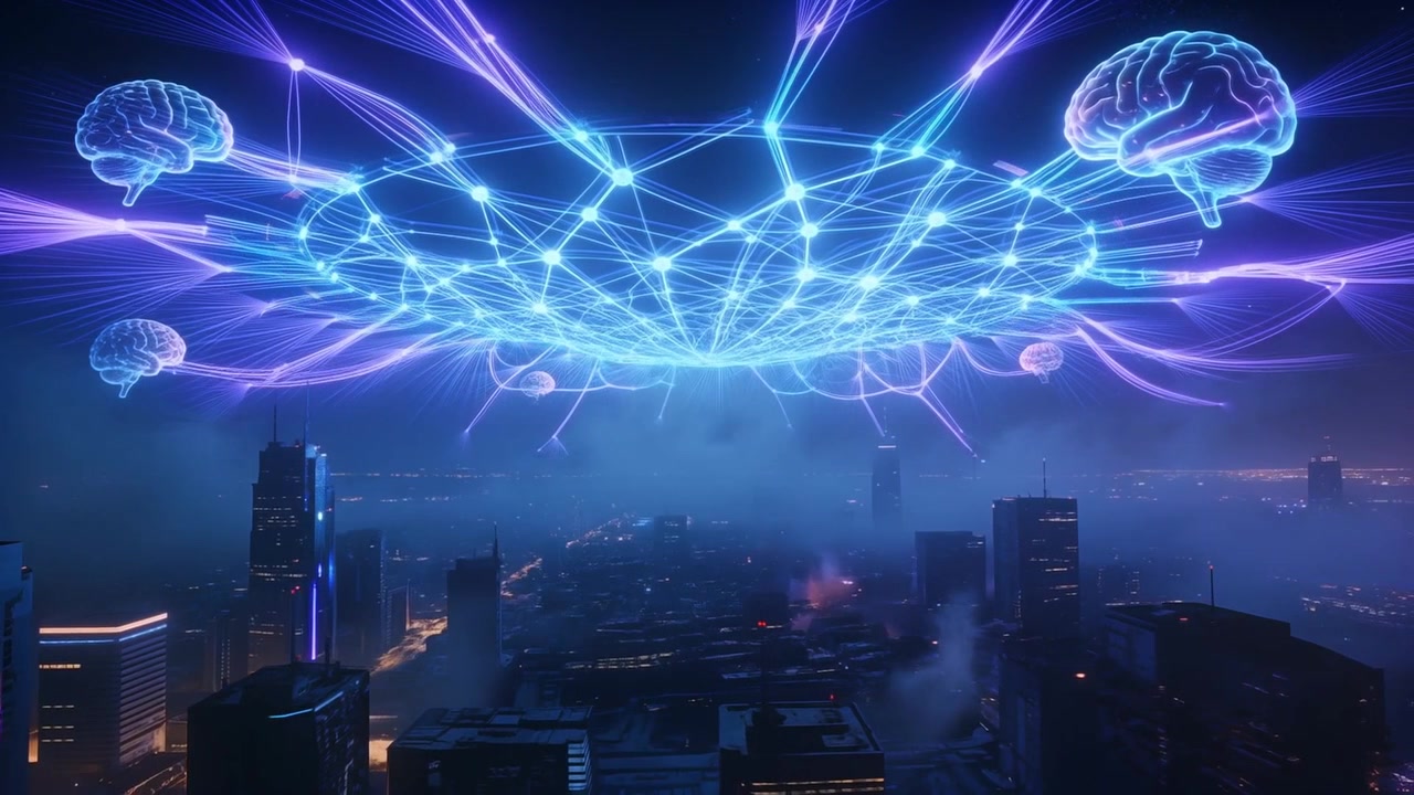 Receiving signal, holographic disc activating, beaming strands toward neon skyline, linking roadway
