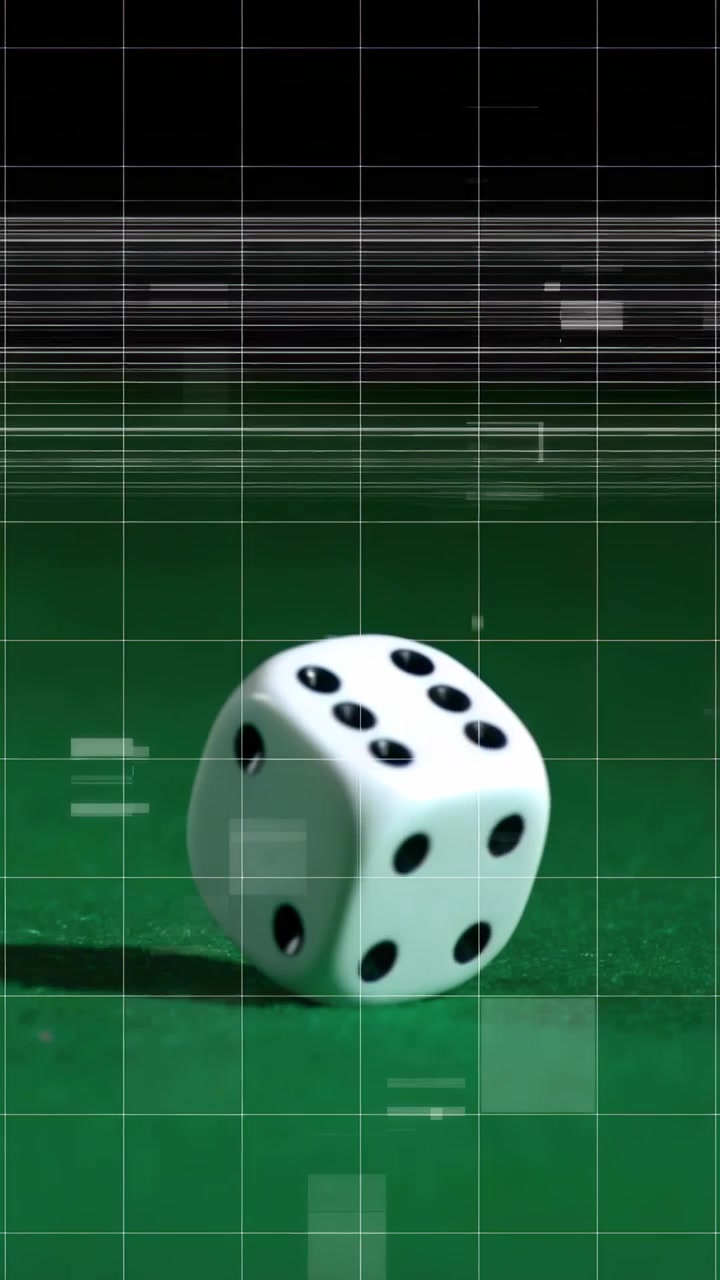 Vertikal video: Terninger kommer ind fra venstre og ruller på grøn filt under en glitch, hvor hovedterningen lander og viser øje.