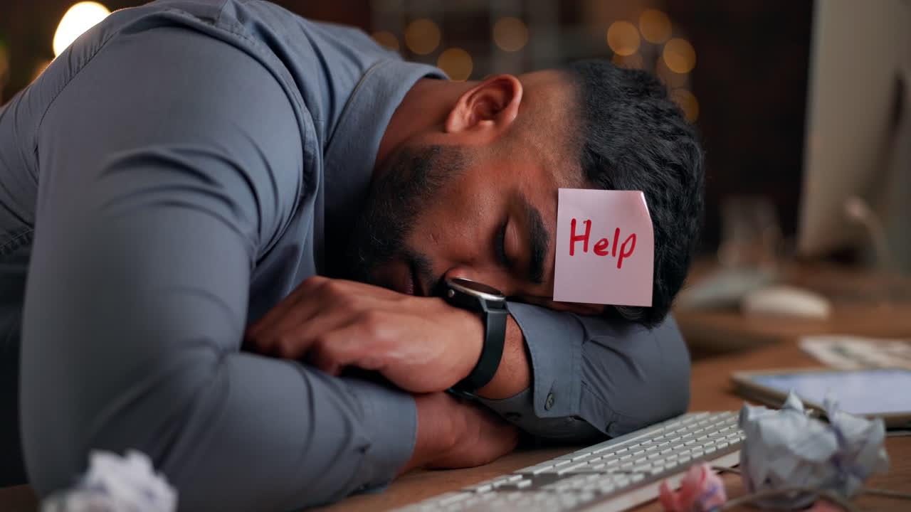 Man, night and sleeping at desk in office