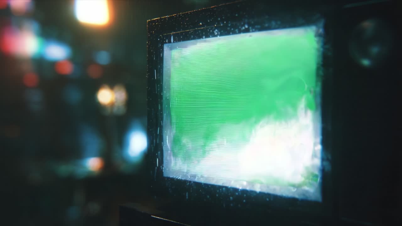 An abstract portrayal of a vintage television set displaying a unique green screen amidst a rainy backdrop, highlighting the interplay of light, water, and technology