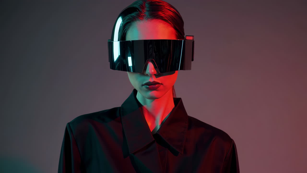 Futuristic Woman in Cyberpunk Visor with Neon Lighting