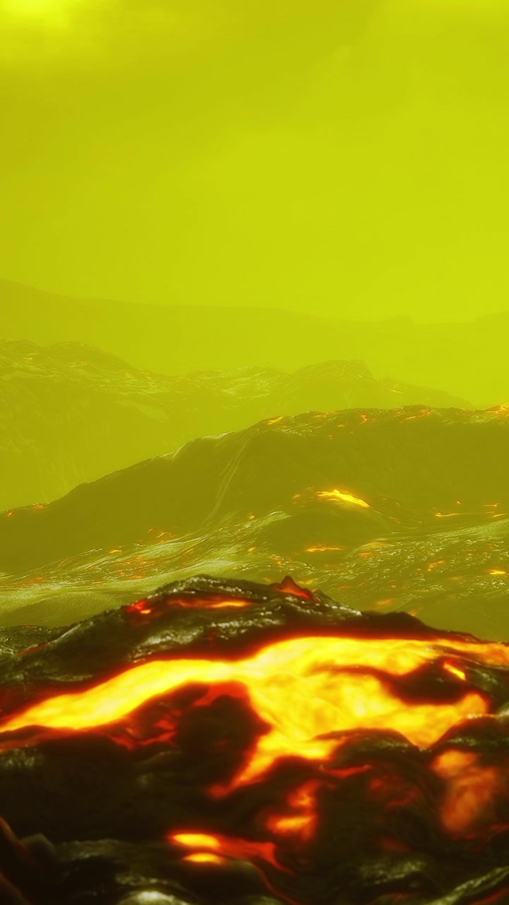 Lava flowing on a distant planet under a vibrant yellow sky