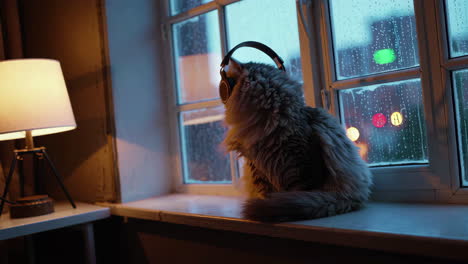 cat wearing headphones by the rainy window at night