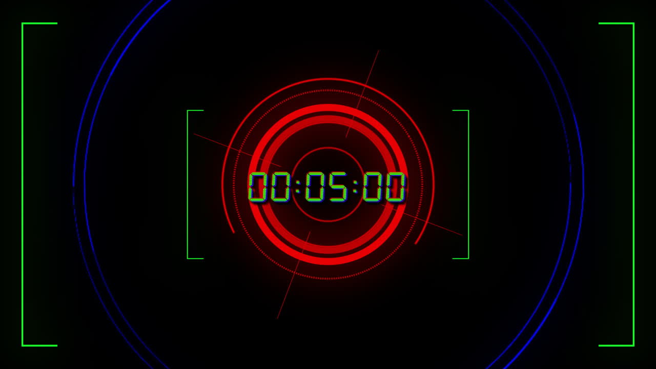 Animation of green digital timer changing with red circles on black background